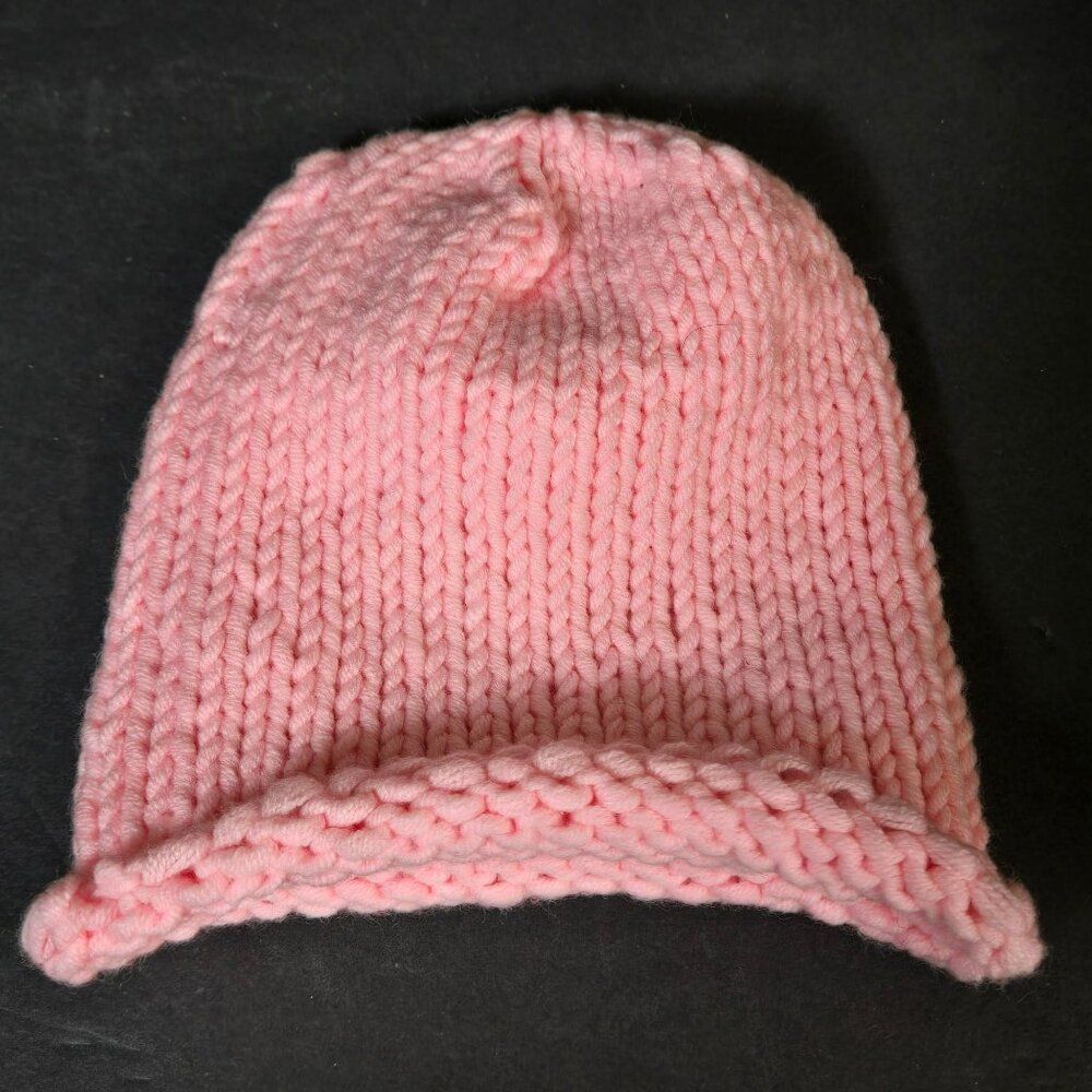 Handmade Knit Pink Rolled Brim Beanie Hat Wool Blend For Baby Girl Doll Bear